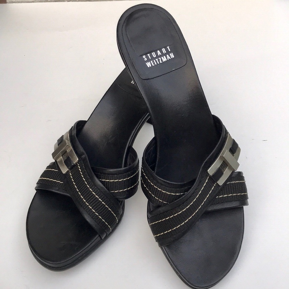 Stuart Weitzman leather silver buckle canvas cross front sandals…